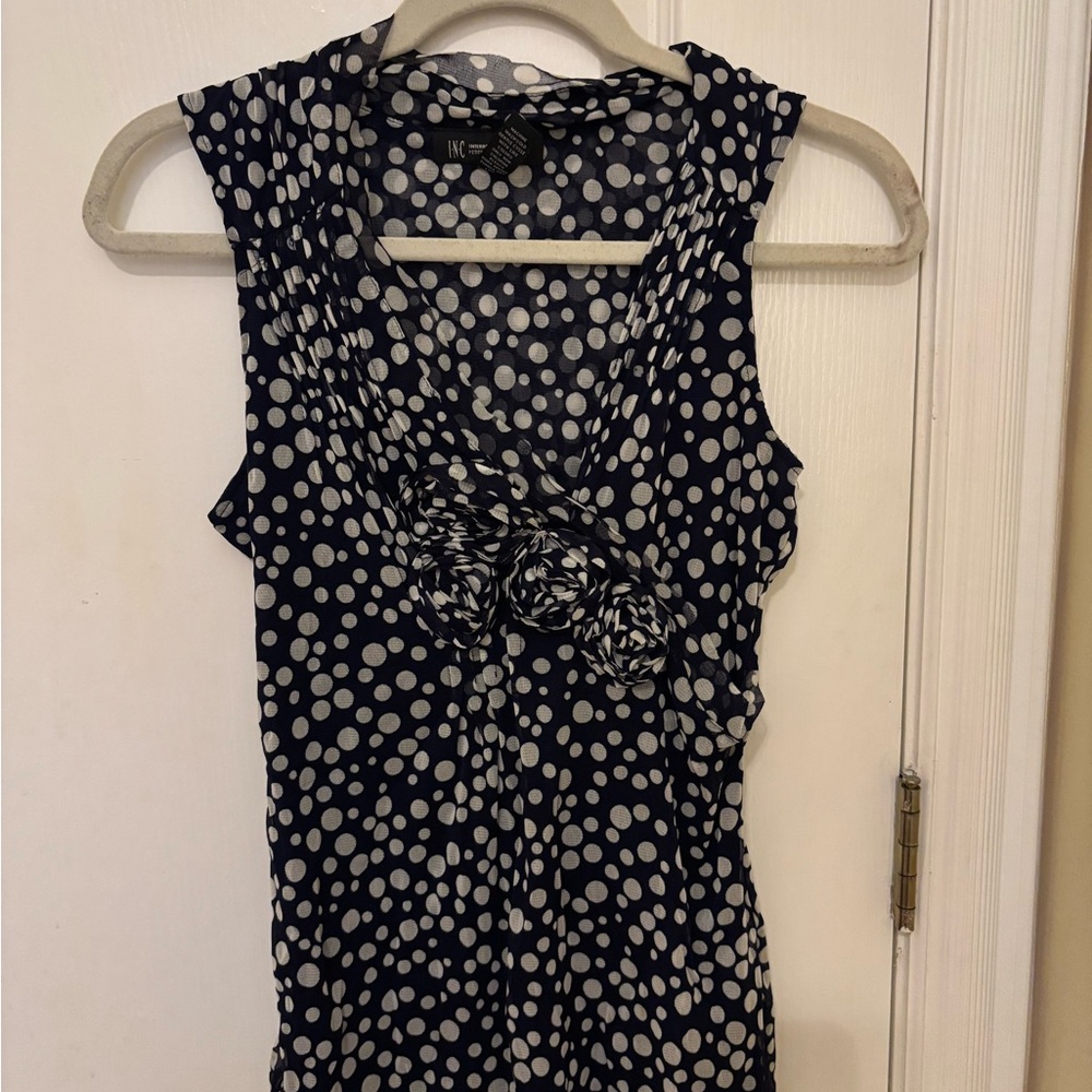 INC International Concepts Navy Polka Dot Blouse, Like New